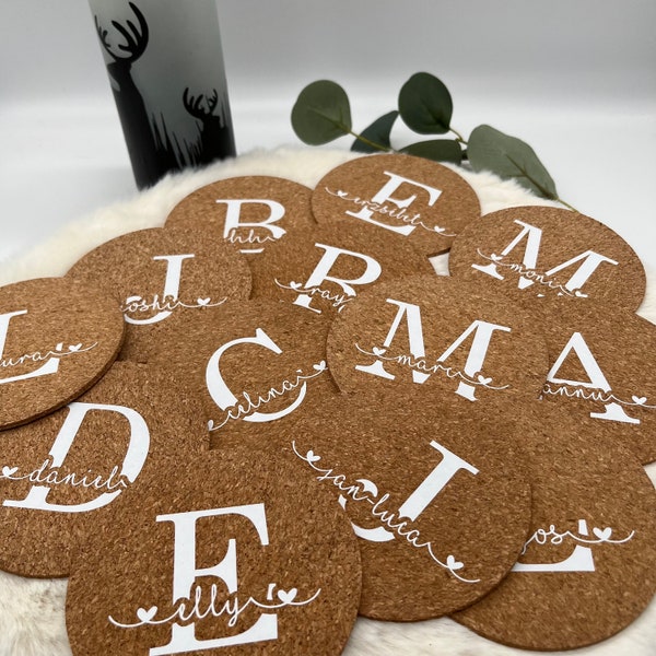 Cork coasters personalized - with name and initial