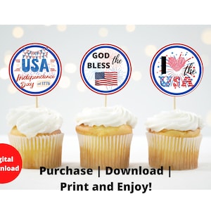Set of 12 Different Designs 4th of July Cupcake Toppers for Red White and Blue Celebration, Independence Day and July 4th