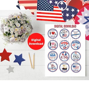 4 de julio Cupcake Toppers Tapcake Toppers imprimibles, ideal para la celebración del Día de la Independencia y eventos patrióticos