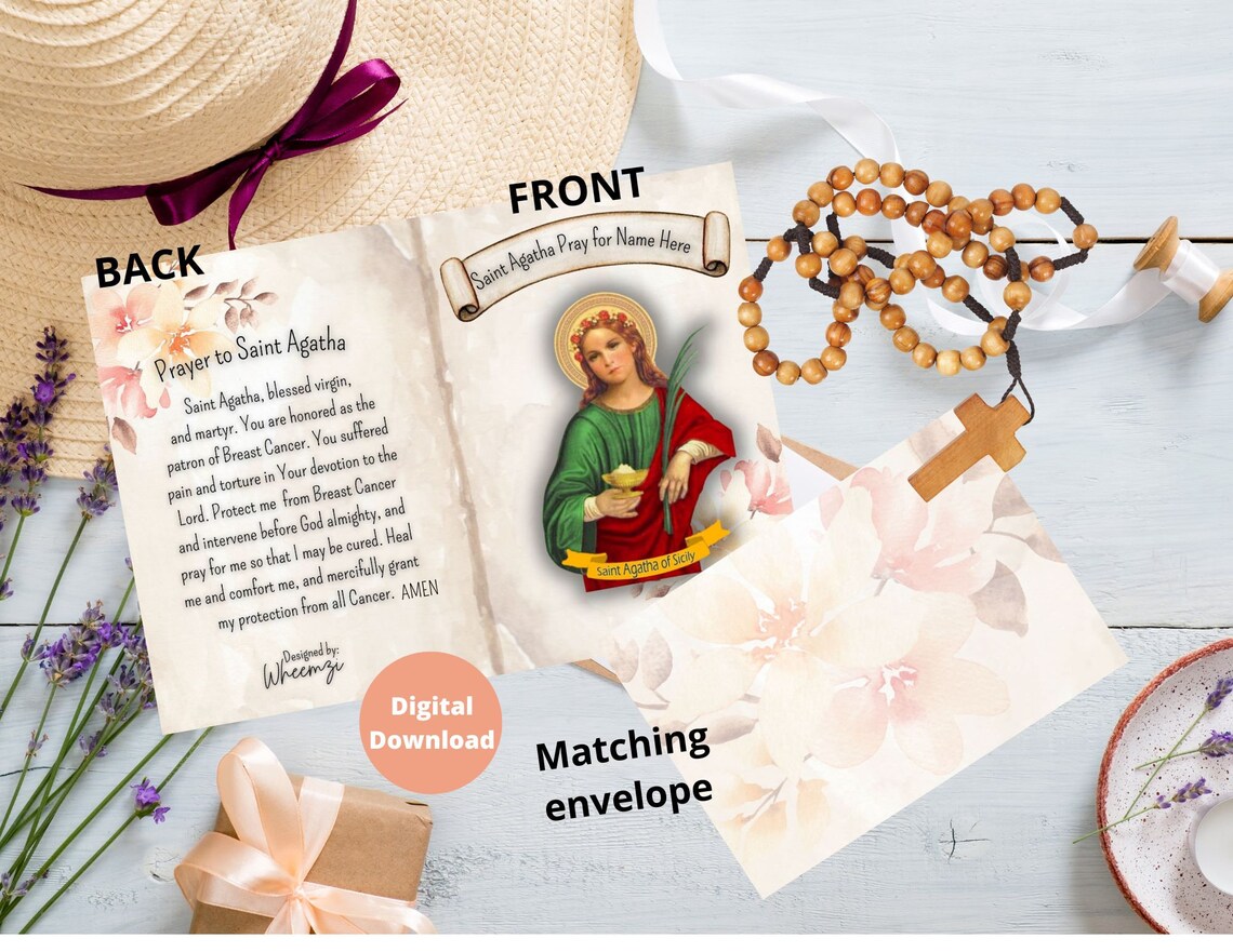 Personalized Saint Agatha Prayer Holy Card for Breast Cancer, Nurses