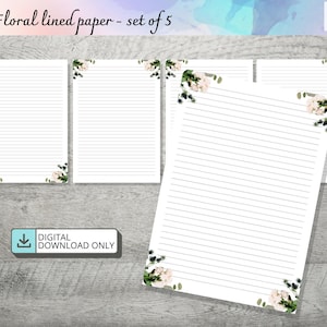 Papel rayado con motivos florales, papel rayado imprimible, juego de escritura de cartas, papelería imprimible, papel de escritura imprimible, papel de papelería