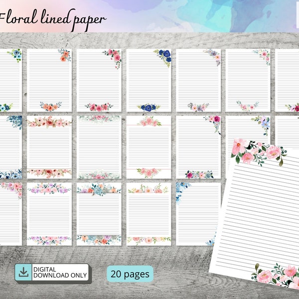 Floral Lined Paper, Printable Lined Paper, Letter Writing Paper, A4 Paper, Instant Download, Writing Paper Pack, 20 Pages of Paper