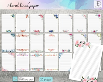 Afdrukbare pdf-papier van A4 met bloemen en lijnen – schrijfpapier voor brieven, logboeken en digitaal briefpapier