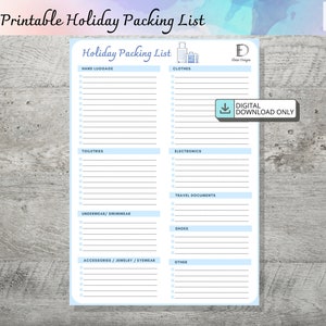 Könnte beinhalten: Eine druckbare Urlaubs-Packliste mit Kategorien für Handgepäck, Kleidung, Toilettenartikel, Elektronik, Unterwäsche/Badebekleidung, Reisedokumente, Schuhe, Accessoires/Schmuck/Brillen und Sonstiges. Die Liste enthält Kontrollkästchen für jeden Artikel.