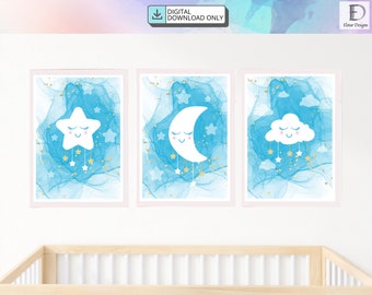 Blue Moon Print, Blue Star Print, Printable Wall Art, 3 Piece Wall Art, Digital Products, Trendy Wall Art Print, Childrens Nursery Print,