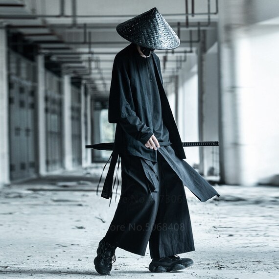 Haori + Hakama Set (Japanese Traditional Kimono) Cardigan Black Cotton Fashion Stage Haori Samurai Cosplay Costumes Style Coat Streetwear
