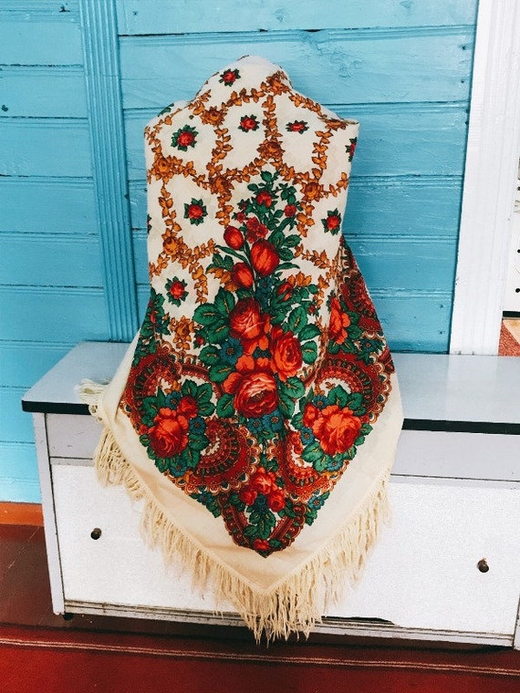 Vintage floral shawl, made in USSR, soviet floral