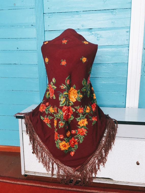 Vintage floral shawl, made in USSR, soviet floral