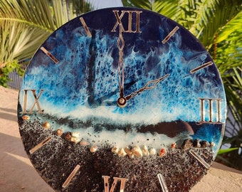 Resin Art Clock "Santorini", a Greek island just on the clock, Sea clock, Epoxy Resin Clock,Art with natural stones