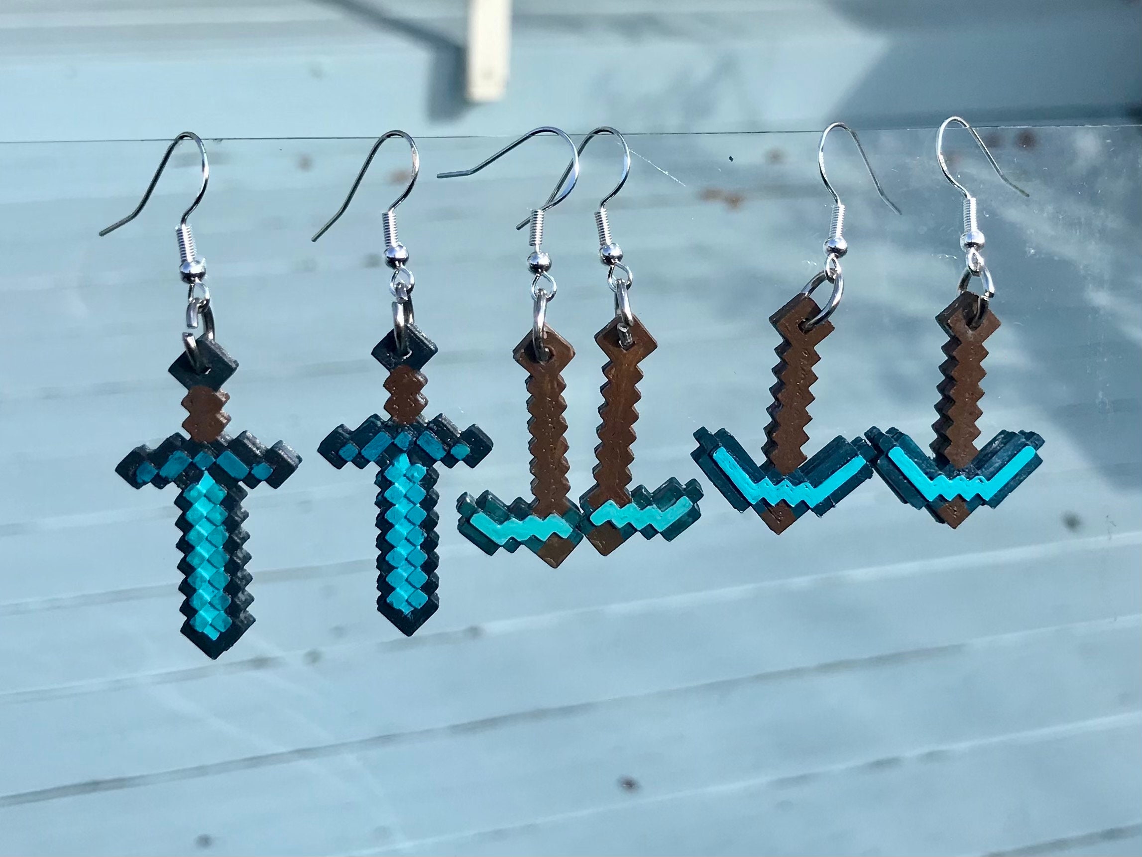 Minecraft Diamond Sword Hoe Pickaxe Earrings Gift Cosplay Etsy