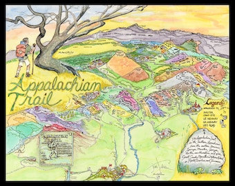 Pode incluir: Mapa em aquarela do Appalachian Trail, apresentando um caminhante com mochila e bengala. O mapa inclui o nome da trilha, uma legenda e vários pontos de referência. A paleta de cores inclui verdes, azuis e amarelos.