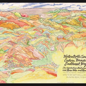 May include: A watercolor illustration of the Appalachian Trail in Western North Carolina, Eastern Tennessee, and Southwest Virginia. The map shows the trail from Bald Mountain over Roan Mountain and through Damascus. It also shows the Blue Ridge Parkway from Craggy Mountain to Mount Mitchell, Linville Gorge, Blowing Rock, and Boone.
