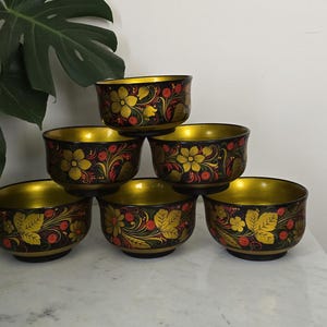Vintage Russian Khokhloma Lacquer Bowls – Set of 6 – Bright Floral Hand Painted Folk Art