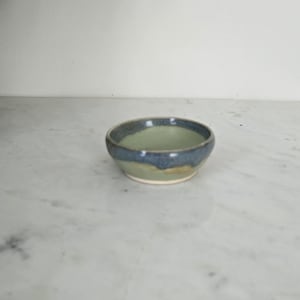 Op de afbeelding: Een kleine, ronde keramische kom met een lichtgroen interieur en een donkerblauwe rand. De kom is ongeveer 2,5 cm hoog en heeft een diameter van 10 cm. De buitenkant is lichtbruin van kleur. Een groot groen blad staat op de achtergrond.