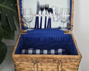 Vintage Wicker Picnic Basket Set: Blue Lining, Glasses & Flatware