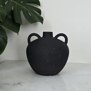 Black Textured Vase with Handles – Modern Rustic Ceramic Style Home Decor
