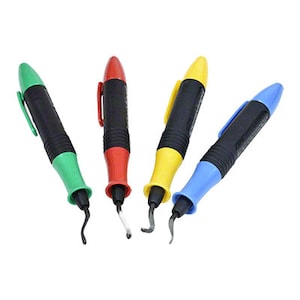 May include: Four different colored tools with black handles and a hook-shaped tip. The tools are green, red, yellow, and blue.