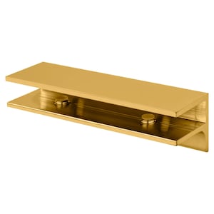 May include: A gold-colored, rectangular cabinet pull with a modern design. The pull features a flat top and bottom with two small, circular fasteners. The hardware is made of a shiny, metallic material and is set against a white background.