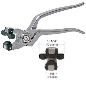 May include: Silver metal pliers with black rubber jaws for crimping jewelry. The pliers are open and the jaws are visible. The pliers are 1-11/16 inches long and the jaws are 13/16 inches wide.