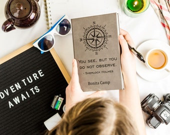 Personalized Faux Leather Travel Journal, Compass Design