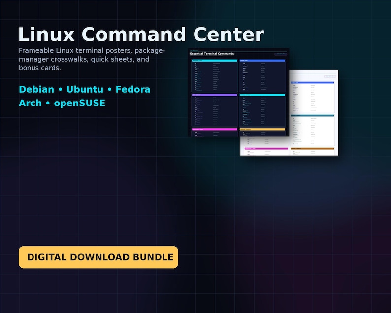 以下が含まれることがあります： 「Linux Command Center」というタイトルのデジタルダウンロードバンドル。フレーム可能なLinuxターミナルポスター、パッケージマネージャーのクロスウォーク、クイックシート、ボーナスカードが含まれています。「Debian、Ubuntu、Fedora、Arch、openSUSE」というテキストが含まれています。