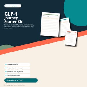 GLP-1 Viktminskningsstartpaket, Wellness Planner, Semaglutid Tirzepatid Tracker, Injektionslogg, Protein Water Tracker (ifyllbar PDF)