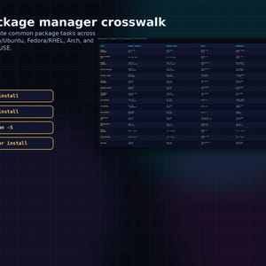 以下が含まれることがあります： 「Package manager crosswalk」というテキストと、Debian/Ubuntu、Fedora/RHEL、Arch、openSUSEのパッケージタスクを翻訳する表が描かれた濃い青色のグラフィック。4つのコマンド例がリストされています。