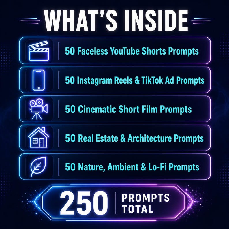 250 AI Video Prompts Pack | Veo, Kling, Runway, Sora Cinematic (digital ...