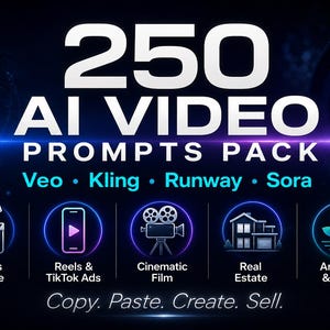 Może przedstawiać: Grafika promocyjna dla pakietu podpowiedzi wideo AI. Obraz zawiera tekst "250 AI VIDEO PROMPTS PACK" z platformami Veo, Kling, Runway i Sora. Ikony reprezentują Faceless YouTube, Reels & TikTok Ads, Cinematic Film, Real Estate i Ambient & Lo-Fi. Hasło brzmi "Copy. Paste. Create. Sell."