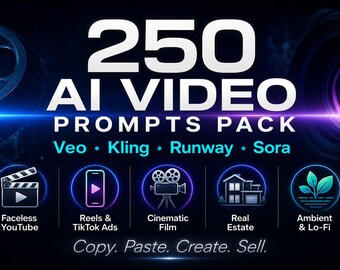 250 AI Video Prompts Pack | Veo, Kling, Runway, Sora Cinematic (Digital Download)