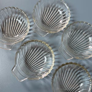 May include: Five clear glass seashell-shaped dishes. Each dish has a scalloped edge and a handle. The interior features a ribbed design. These decorative dishes are ideal for serving small portions of food or as decorative accents.