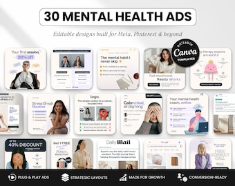 30 Mental Health Static Ad Templates, Canva Therapy Marketing Ads, Facebook Instagram Meta Ads, Social Media Templates for Therapists