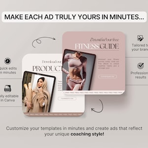 Op de afbeelding: Digitale advertentiesjabloon met de tekst "MAKE EACH AD TRULY YOURS IN MINUTES..." en "Download our PRODUCT" en "Download our free FITNESS GUIDE". De advertentie bevat afbeeldingen van een vrouw en een fitnessmodel. De advertentie bevat ook de tekst "Quick edits in minutes" en "Fully editable in Canva".