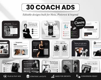 Statische advertentiesjablonen voor coaches Canva, metaadvertenties voor coaches en makers van cursussen, bewerkbare Facebook- en Instagram-advertenties, zwart-wit esthetische advertenties