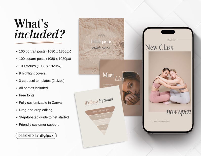 Wellness Instagram Templates Bundle Kit, Beige Wellness Coach Canva ...