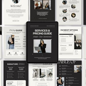 May include: A digital tablet displaying a "SERVICES & PRICING GUIDE" with the text "Simple. Clear. Intentional." The image is surrounded by other pages with text and images, including "Welcome!" and "Pricing GUIDE."