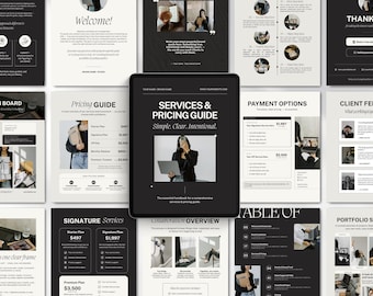 Peut inclure: Une tablette numérique affichant un "GUIDE DES SERVICES ET DES PRIX" avec le texte "Simple. Clair. Intentionnel." L'image est entourée d'autres pages avec du texte et des images, dont "Bienvenue !" et "GUIDE des prix."