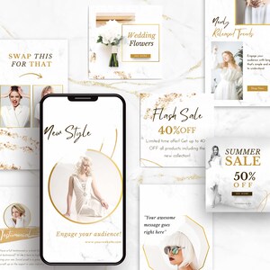 White & Gold Instagram Templates Bundle Kit post and story mockup