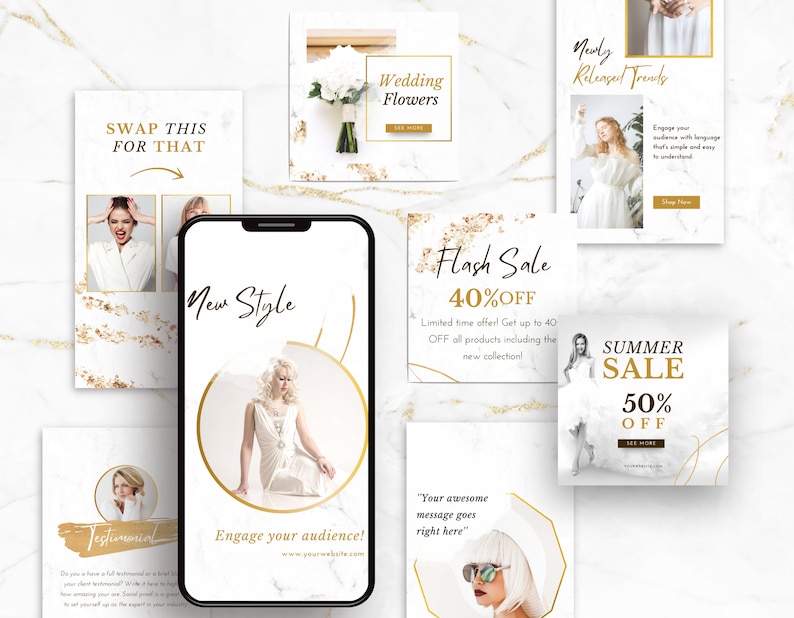 White & Gold Instagram Templates Bundle Kit post and story mockup