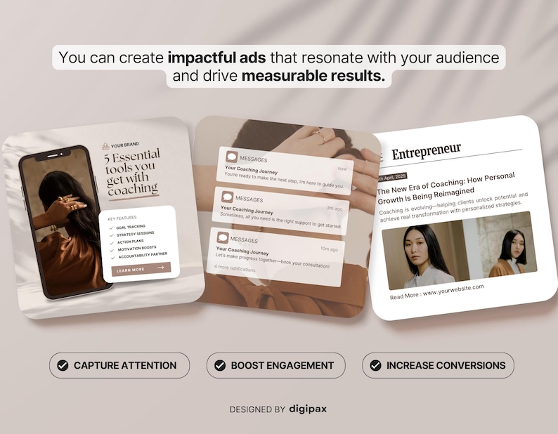 Statische advertentiesjablonen voor coaches Canva, neutrale esthetische metaadvertenties voor coaches en makers van cursussen, bewerkbare Facebook- en Instagram-advertenties Marketingkit afbeelding 6