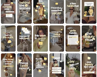 May include: A collection of eighteen social media story frames featuring various lifestyle scenes, including outfits, beauty routines, and daily habits, overlaid with text, folder icons, and decorative elements in a neutral color palette.