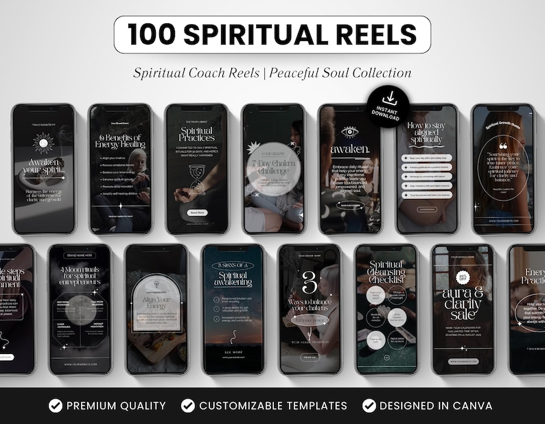 May include: A collection of smartphone screens displaying spiritual content. The screens feature text such as "100 SPIRITUAL REELS", "Spiritual Coach Reels", and "Spiritual Practices". The color scheme is primarily black and white with some beige and brown accents.