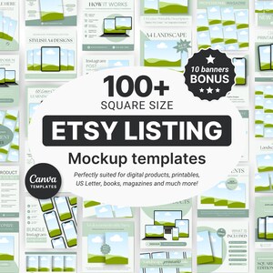 Etsy Digital Listing Mockups Green, Etsy Listing Templates for Digital Products, Etsy Square Listings Canva, Digital Product Mockups Bundle
