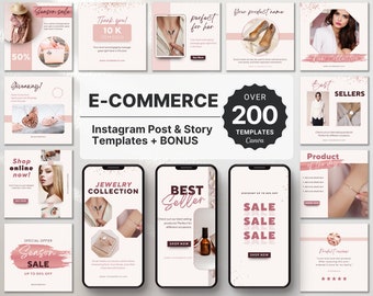 E-Commerce Instagram Templates Bundle Rose Gold, Instagram Posts & Stories, Seller Instagram Branding Kit, Instagram Canva Templates Pink