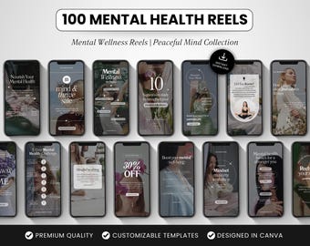 100 Mental Health Instagram Reels Templates, Editable Canva Therapist Reels, Neutral Aesthetic Social Media Reels for Anxiety Coaches