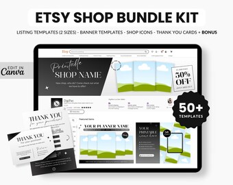 Zestaw Etsy Printables Shop Bundle Kit, Zestaw do brandingu cyfrowego sklepu Etsy Canva, Szablon aukcji Etsy A4 Printables, Szablony banerów Etsy Printables