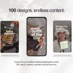 Puede incluir: Una pantalla digital que muestra tres pantallas de tel&eacute;fono inteligente verticales con plantillas para redes sociales. El texto superior dice 100 designs. endless content. El texto inferior dice Create fresh, on-trend Reels without designing from scratch.