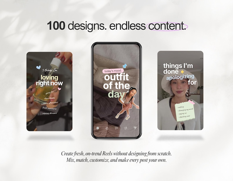 Puede incluir: Una pantalla digital que muestra tres pantallas de tel&eacute;fono inteligente verticales con plantillas para redes sociales. El texto superior dice 100 designs. endless content. El texto inferior dice Create fresh, on-trend Reels without designing from scratch.