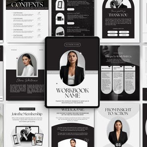 Könnte beinhalten: Ein digitales Workbook-Design in Schwarz und Weiß. Das Cover zeigt eine Frau in einem Blazer mit dem Titel "WORKBOOK NAME". Weitere Seiten umfassen Inhaltsabschnitte, Testimonials und eine "THANK YOU"-Seite. Das Design ist sauber und modern.