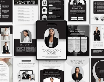 Peut inclure: Un design de cahier numérique en noir et blanc. La couverture présente une femme en blazer, avec le titre "WORKBOOK NAME". D'autres pages incluent des sections de contenu, des témoignages et une page "THANK YOU". Le design est épuré et moderne.